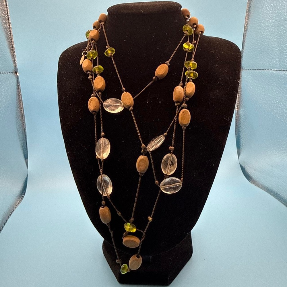 Boho Multicolored Wood Beaded Long Necklace 68 Inch Festival Brown Green Clear